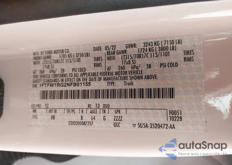 2022 Ford F-150 Raptor z USA, uszkodzony, nr VIN 1FTFW1RG2NFB01155